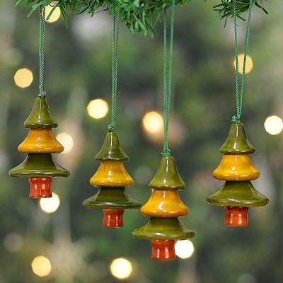 'Artisan-Made Set of 4 Wood Channapatna Pine Tree Ornaments'