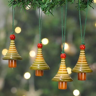 'Indian Handmade 4-Piece Set of Wooden Channapatna Ornaments'