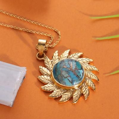 'Sun-Themed Leafy Reconstituted Turquoise Pendant Necklace'