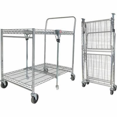 Bostitch® BSACLGCR Stowaway Folding Carts, 2 Shelves, 35w x 37.25d x 22h, Chrome, 250 lb Capacity BOSBSACLGCR