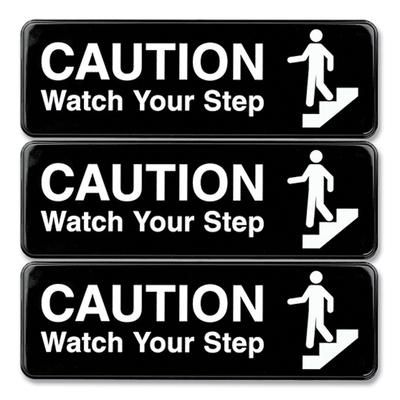 Excello Global Products® HD0268S Caution Watch Your Step Indoor/Outdoor Wall Sign, 9" x 3", Black Face, White Graphics, 3/Pack - Pack of 3