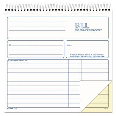 TOPS 4133 Spiralbound Service Invoices, Two-Part Carbonless, 8.5 x 7.75, 1/Page, 50 Forms