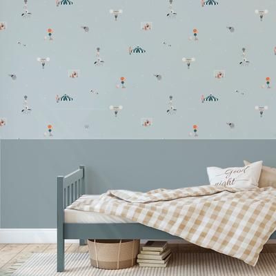 Carta da parati in tessuto non tessuto con stampa circo blu. 53cmx10m