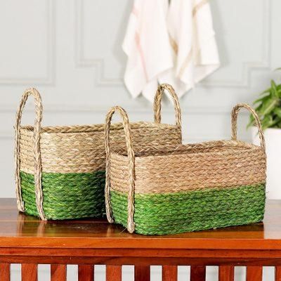 Green Call,'Handwoven Set of 2 Green and Beige Sabai Grass Fiber Baskets'