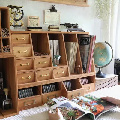 Retro Trapezoidal Desk Organizer Wooden Drawer Storage Rack Stationery Bookshelf Multi-Function Divisions Sleek Office