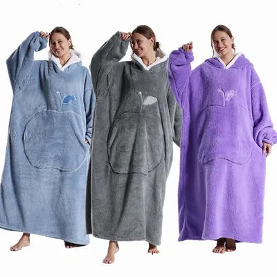 Winter Halloween Clothes Women Flannel Hoodies Loose Thick Pullover Adult Solid Hooded Sweatshirts Warm Soft Wearable Blankets