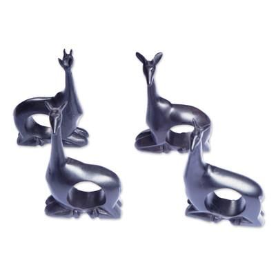 'Hand-Carved 4-Piece Black Teak Wood Giraffe Napkin Ring Set'