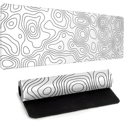 Tapis de souris gaming blanc, grand tapis de bureau pour ordinateur portable, tapis de clavier, contour topographique, bords cousus, base en caoutchouc antidérapante