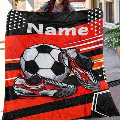 TEMU Personalized Soccer Enthusiast Throw Blanket Customizable With Name, Football & Cleats Print, Hypoallergenic Polyester Knitted Blanket, Machine Washable, Travel & Camping Blanket - 1pc