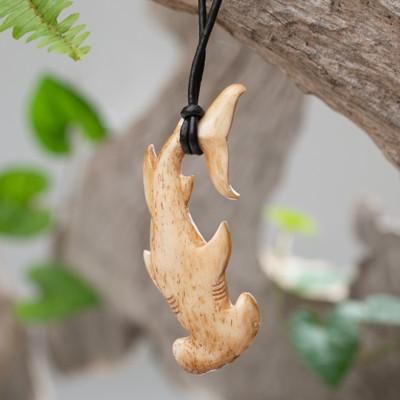 'Sea Life-Themed Carved Black Leather Cord Pendant Necklace'