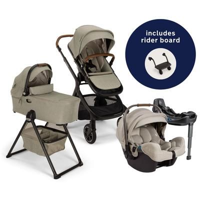 Nuna DEMI Next Stroller with Rider Board + DEMI Next Bassinet with Stand + PIPA RX Travel System Bun