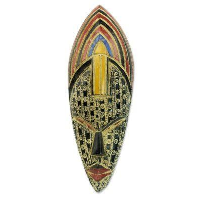 Crown of Joyfulness,'Hand Carved Multicolor Sese Wood Wall Mask from Ghana'