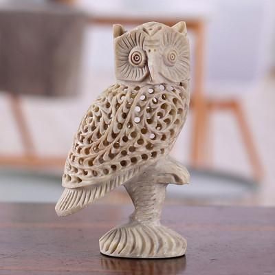 'Owl-Themed Jali Soapstone Sculpture Hand-Carved in India'