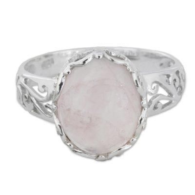 Rose Quartz and Sterling Silver Indian Jali Cocktail Ring 'Rose Ecstasy'
