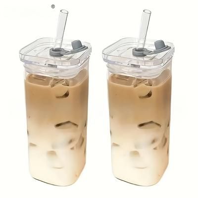 TEMU 1/2/4pcs 12oz Reusable Glass Mugs - Heat And Resistant, Includes Lid And Straw, Hot And Cold Drinks