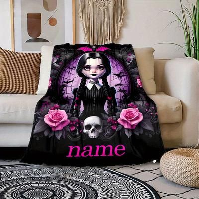TEMU Ume Custom Name Wednesday-addams-family Blanket, Soft Throw, Polyester, Cozy Knit, For Car, Travel, Camping, Bed, Sofa, Personalized Gift