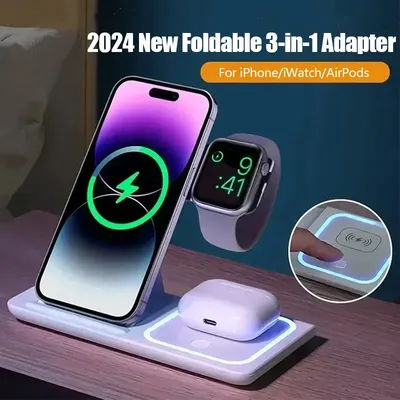 3 In 1 Wireless Charger LED Light Phone Holder Stand For iPhone 15 14 13 12 iWatch 8 7 6 AirPods