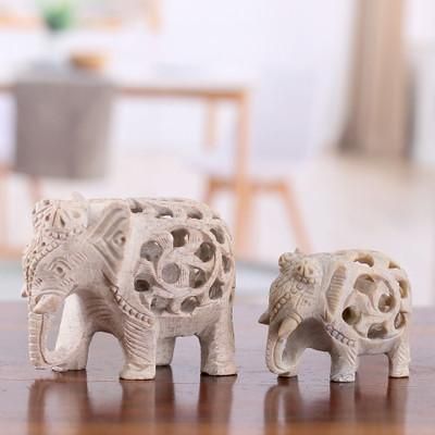 'Jali-Themed 2-Piece Carved Soapstone Elephant Sculpture Set'