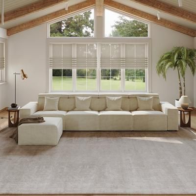 145.28" Minimalist Power Reclining Sofa with Ottoman, 3 Recliners,? Water Repellent, Scratch Resistant, Living Room, Beige