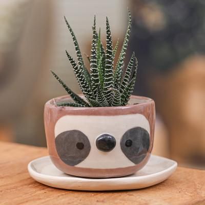 'Glazed Handmade Sloth-Themed Ceramic Mini Flower Pot (Small)'