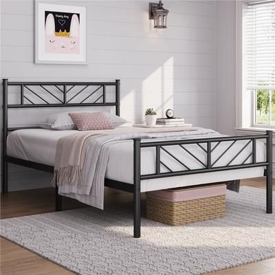 TEMU Yaheetech Metal Platform Bed Frame, Single/double/king Sizes, Mattress Foundation With Arrow Design Headboard & Footboard, Built-in Steel Slats, 32cm Underbed Storage, Spring Needed,