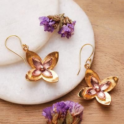 'High-Polished Indian-Made Lotus-Themed Brass Dangle Earrings'