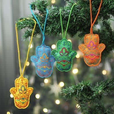 'Hamsa-Themed Embroidered 4-Piece Wool Felt Ornament Set'