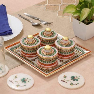 Gathering at the Palace,'Green and Red Marble Tray and Covered Bowls (5 Pieces)'