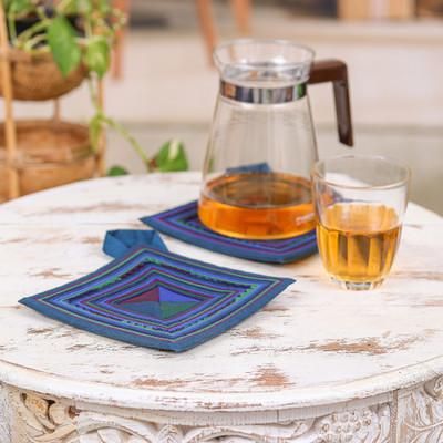 Lisu Cooking in Blue,'2 Cotton Blend Trivets with Lisu Hill Tribe Applique Work'