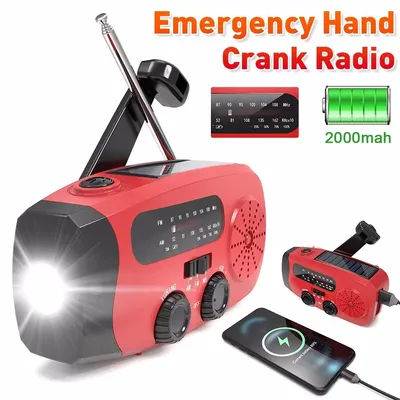 Radio solaire multifonctionnelle à manivelle FM AM WB NOAA, météo, 2000mAh, chargeur USB, lampe de poche LED d'urgence, prise de courant