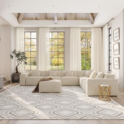 141.05"Power Reclining L-shaped with Ottoman, 2 Recliners, Sofa with 4 Main Seats and 2 Extras, Fabric, Beige