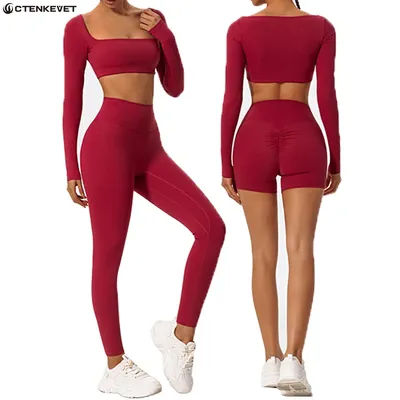 Ctenkevet Long-Sleeved Sports Fitness Set Women Outdoors Running Activewear Female Yoga Clothes Crop Top Sport Outfit For Woman
