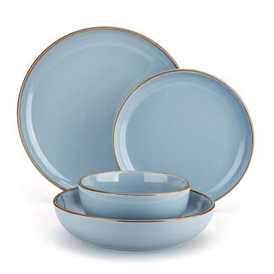 TEMU 16 Piece Blue Ceramic Sesame Glaze Tableware Set With Dinner/dessert/soup Plate/bowl For 4 Person
