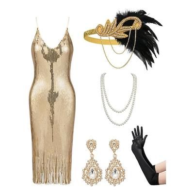 Anni Ruggenti Anni 1920 Lunghezza al ginocchio Abito Flapper Abiti Abito da cocktail Senza maniche Il grande Gatsby Ragazza Flapper Invitato al matrimonio Paillettes Frange Scollo a V Costume Per
