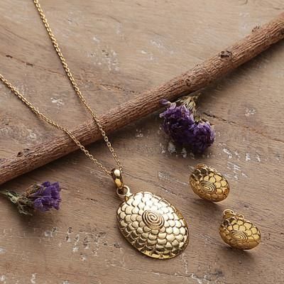 Primaveral Grandeur,'Polished Sunflower Brass Necklace and Earrings Jewelry Set'