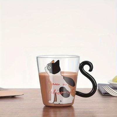 TEMU Cute Glass Coffee Mug With Handle, 300ml Heat-resistant Theme Beverage Glass For Home And Office Use