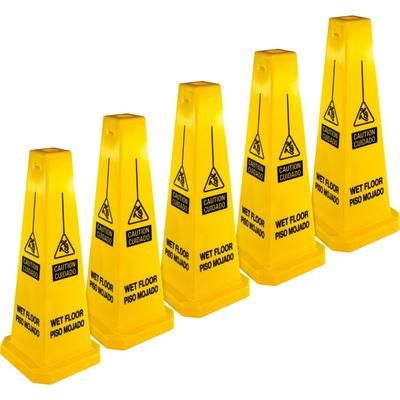 Genuine Joe 58880CT Bright 4-sided CAUTION Safety Cone, 5/Carton, Cone Shape, Stackable, Four Sided, Polypropylene, Yellow - Case of 5