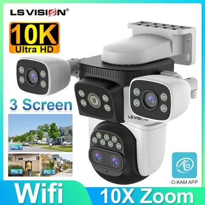 LS VISION 20mp 3 Screens Outdoor Surveillance Camera Wifi Camera 10X Zoom 10k PTZ Auto Tracking Two-way Audio Cctv Cam