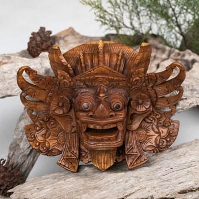 'Traditional Hand-Carved Acacia Wood Barong Mask from Bali'
