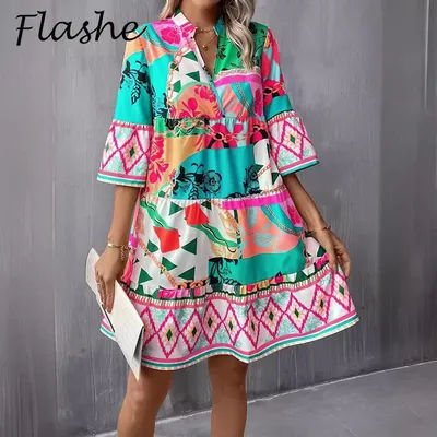 Vintage Printed Party Dress Women V Neck 3/4 Sleeve Beach Holiday Dresses For Women Summer Casual Beach Holiday Dress 2024