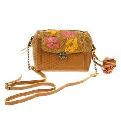 'Embossed Floral Copper-Toned Leather Sling with Front Pocket'
