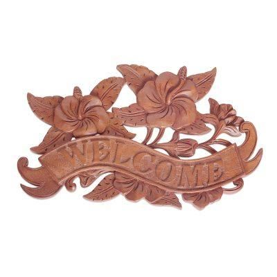 Hibiscus Welcome,'Hand Carved Suar Wood Welcome Sign from Bali'