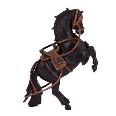 Indomitable Horse,'Handcrafted Mahogany and Leather Horse Sculpture from Peru'