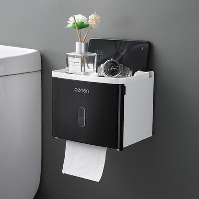 TEMU Modern Waterproof Wall-mounted Toilet Paper Holder With Shelf - Sleek White & Gray, No-drill Installation, Plastic Tissue Storage Box For Bathroom , Toilet Paper Storage Containers