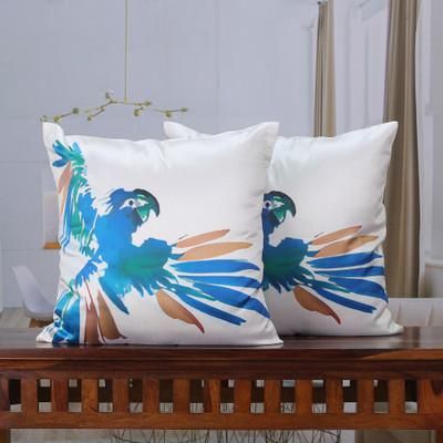 Macaw Magic,'Tropical Cyan Blue and White Macaw Print Cushion Cover Pair'