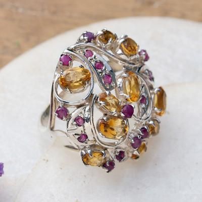 'Faceted Six-Carat Citrine and Ruby Cocktail Ring from India'