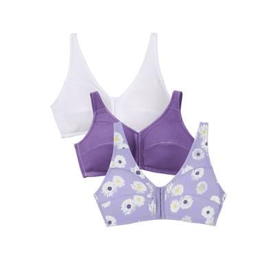 Plus Size Women's 3-Pack Front-Close Cotton Wireless Bra by Comfort Choice in Plum Burst Assorted (Size 40 DD)