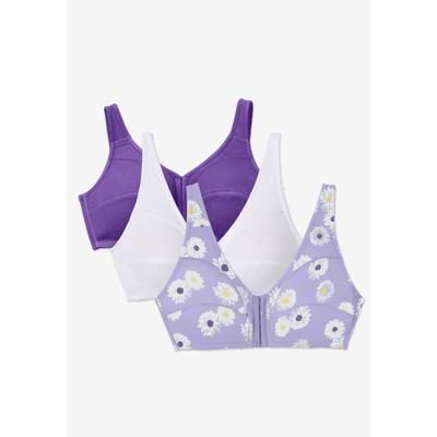Plus Size Women's 3-Pack Front-Close Cotton Wireless Bra by Comfort Choice in Plum Burst Assorted (Size 40 DD)