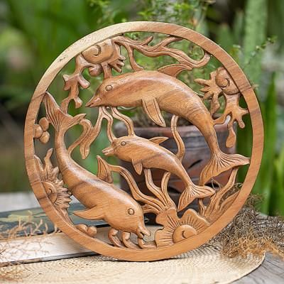 'Ocean-Themed Hand-Carved Suar Wood Dolphin Relief Panel'