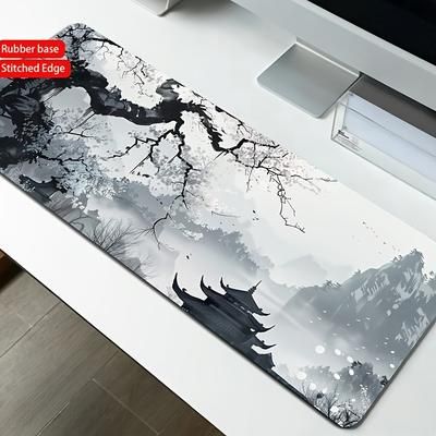 "TEMU Extra-large Ink Landscape Mouse Pad - 35.4 X 15.7" Desk Mat With Non-slip Rubber Base, Extended Gaming And Office Keyboard Pad, For Return School"